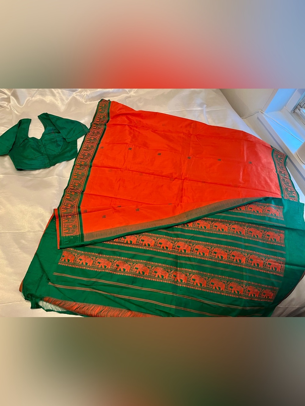 Green & Orange Silk Sari with Elephant Motif with Blouse